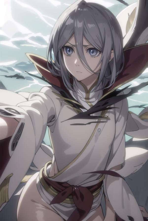 rukiakuchiki, <lora:rukia kuchiki movie3-lora-nochekaiser:1>,dark rukia kuchiki, kuchiki rukia, short hair, grey hair, hair between eyes, (grey eyes:1.5),BREAK cape, robe, white robe, high collar, long sleeves, torn clothes,BREAK outdoors,BREAK looking at viewer,BREAK <lyco:GoodHands-beta2:1>, (masterpiece:1.2), best quality, high resolution, unity 8k wallpaper, (illustration:0.8), (beautiful detailed eyes:1.6), extremely detailed face, perfect lighting, extremely detailed CG, (perfect hands, perfect anatomy),