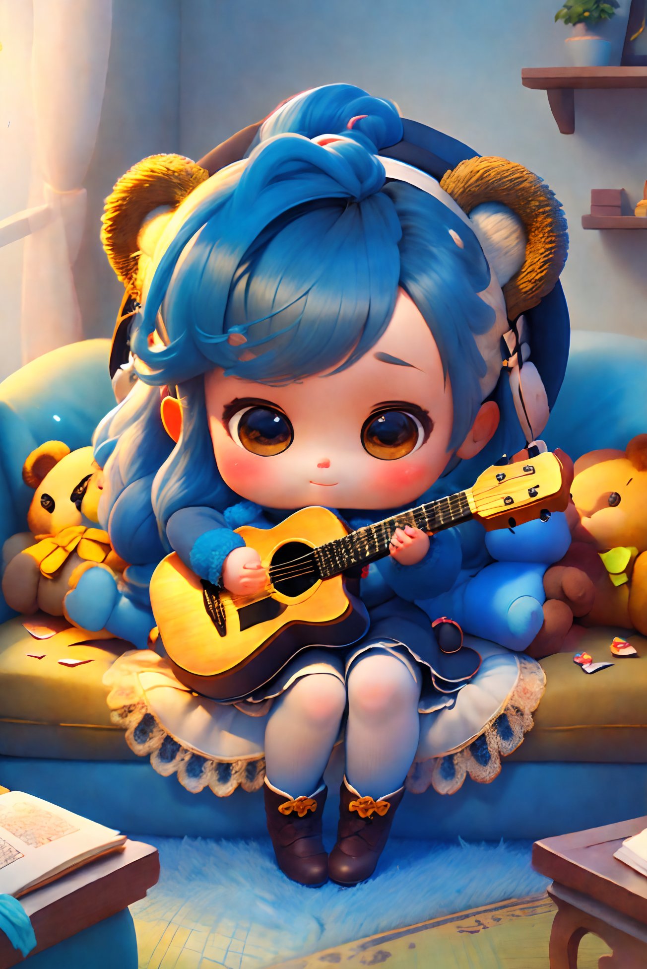 chibi, fullbody, 1girl,blue long hair, bear ears, black dress, long brown boots, holding guitar, sitting on the blue sofa, with a teddy bear doll, masterpiece, best quality, highres, delicate details,.