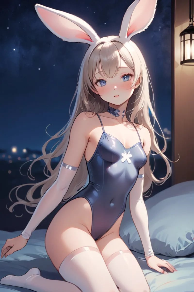 In the tranquil embrace of night, the Bunny Girl extends her gentle goodnight wishes. Her attire, a mesmerizing combination of a leotard and high-leg design, complements the serene atmosphere.