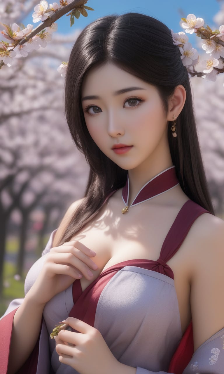 (,1girl, pov,best quality, )masterpiece, fantasy, realistic,science fiction,mole, ultra realistic 8k cg, ,tamari \(flawless\),  cleavage,large breasts  ,plum blossoms, strawberry blossoms      ((()))