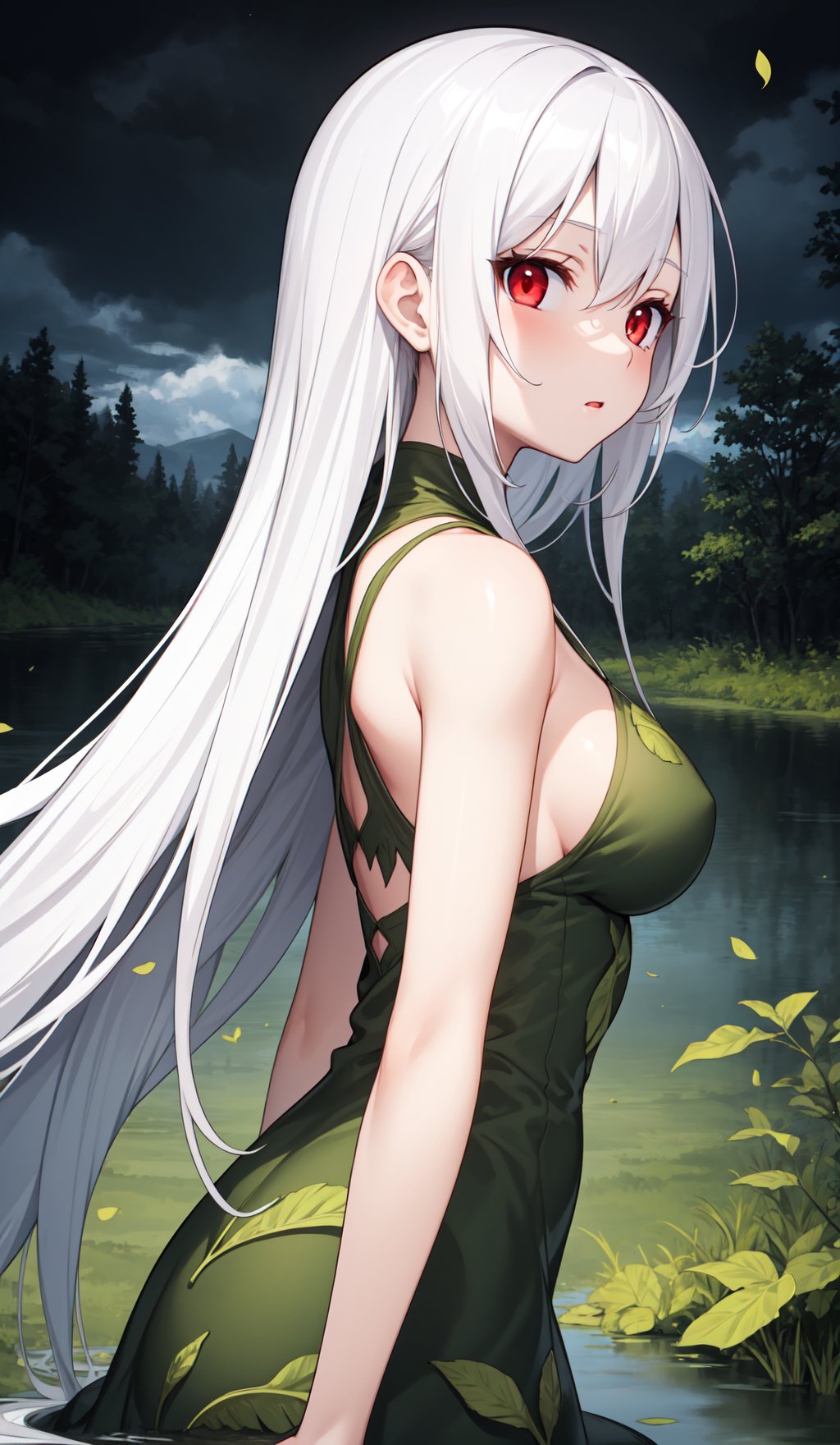 masterpiece, best quality, 1girl, breasts, white hair, red eyes, very long hair, swamp, dark cloudy sky, leaf dress, upper body, from side, looking at viewer