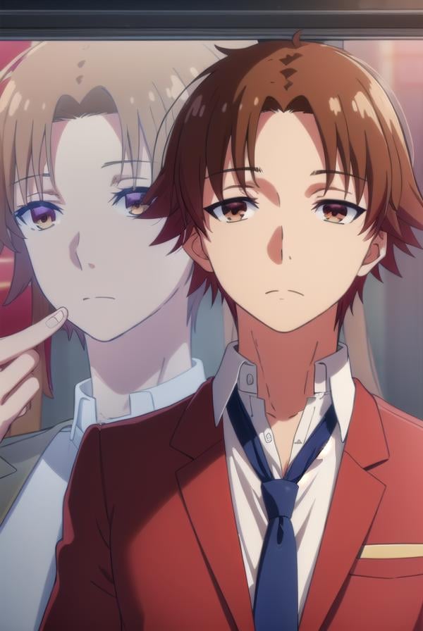 kiyotakaayanokouji, <lora:kiyotaka ayanokouji s2-lora-nochekaiser:1>,kiyotaka ayanokouji, brown hair, (brown eyes:1.5), male focus, (parted bangs:1.5), short hair,BREAK school uniform, jacket, necktie, blazer, blue necktie, shirt, white shirt, collared shirt, (red blazer:1.5),BREAK indoors, classroom,BREAK looking at viewer, (cowboy shot:1.5),BREAK <lyco:GoodHands-beta2:1>, (masterpiece:1.2), best quality, high resolution, unity 8k wallpaper, (illustration:0.8), (beautiful detailed eyes:1.6), extremely detailed face, perfect lighting, extremely detailed CG, (perfect hands, perfect anatomy),