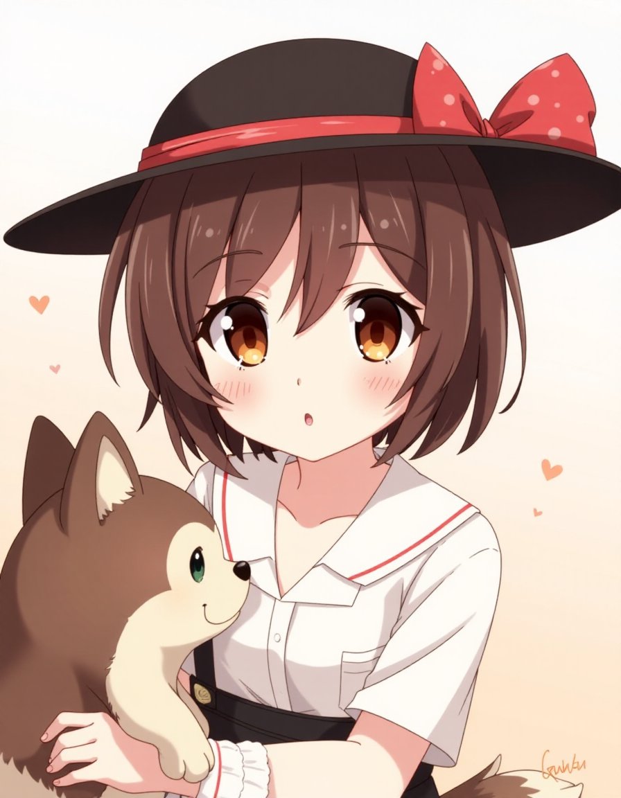 <lora:animestyle_r1:1>finetuneanime,brown hair, yellow eyes, 1girl, hat, furry, red eyes, short hair, smile