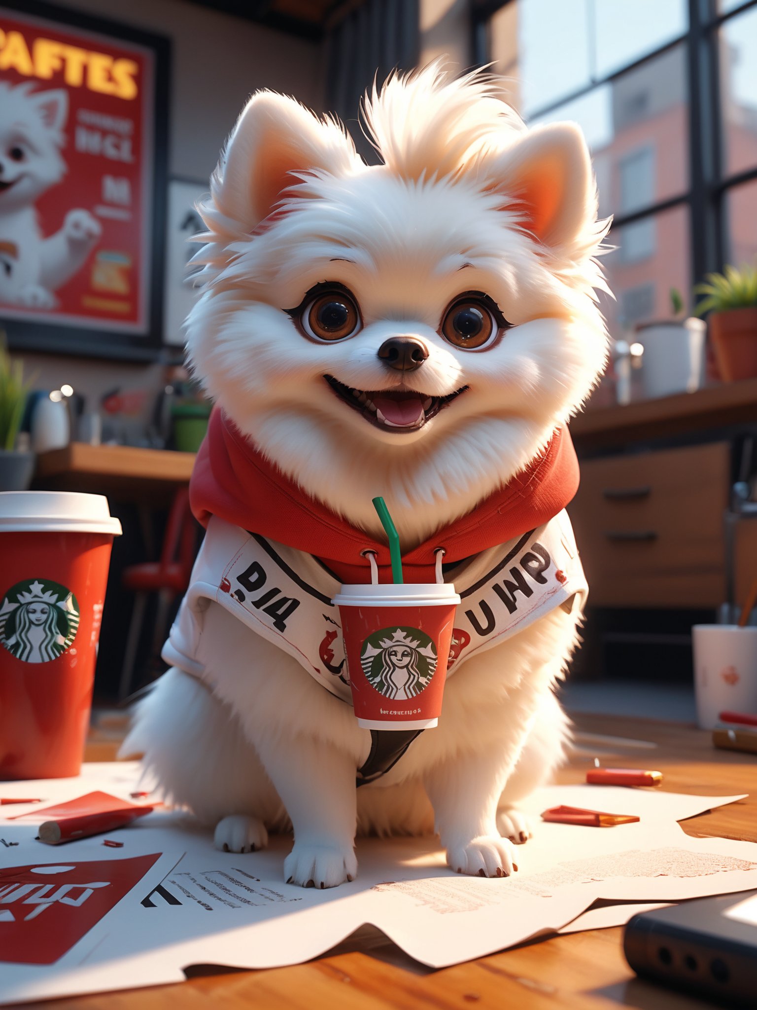 (Ultra-HD-quality-details, real-photo-realistic, ideal), Cute cartoon style >Treat the following Prompt Elements with equal Emphasis<draw a extra white pomeranian dog | with white fur all over | No cream patches anywhere | wearing a red hoody| Text "Izzy" in rosegold colors | starbucks cup in front of her, cinematic, poster, typography, 3d render,  epic action, Unreal Engine, cinematic award winning artwork, many details, extreme detailed, full of details,Wide range of colors., dramatic, Dynamic,Cinematic,Sharp details, Insane quality. Insane resolution. Insane details. Masterpiece. 32k resolution. casting shadow style, cucoloris patterned illumination,  dvr-lnds-sdxl, ral-dissolve, ral-ertmsphr, ral-porcelain, ral-pxlprtcl, Niji, aidma-niji