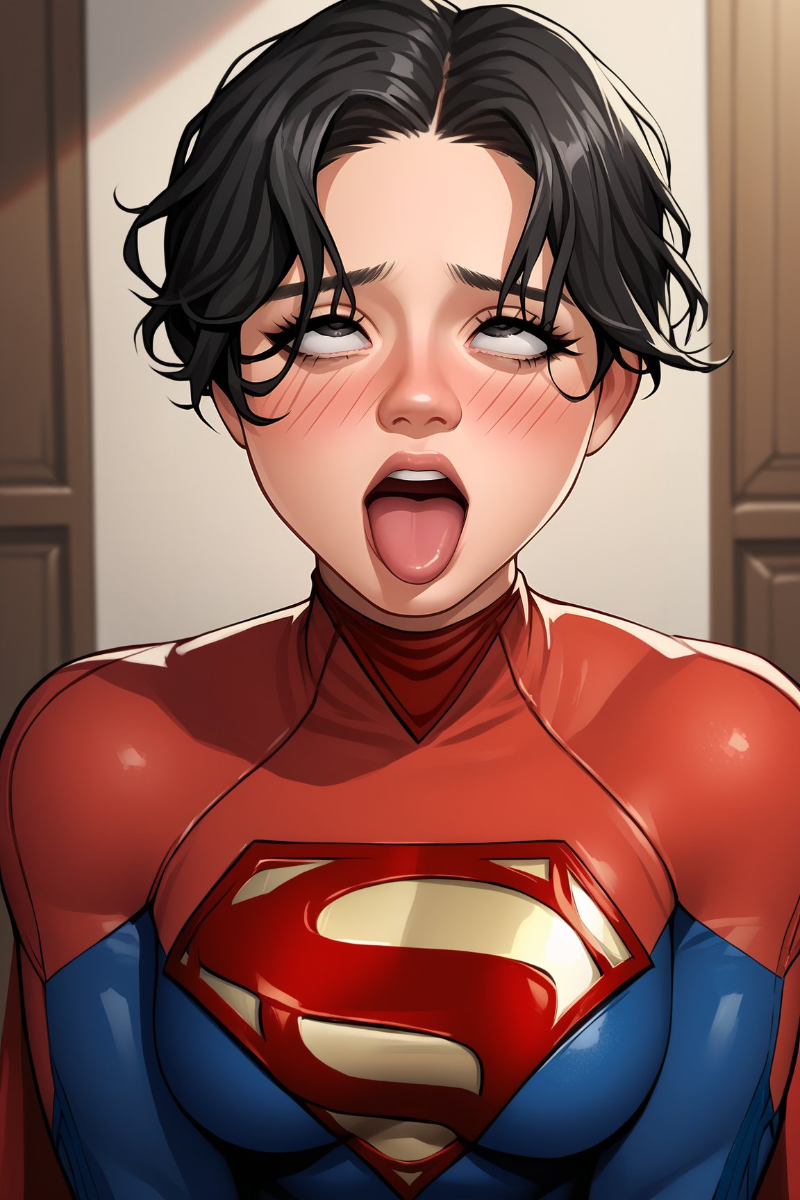 score_9, score_8_up, score_7_up, score_6_up, source_anime, BREAK, SupergirlTFXL, black eyes, black hair, short hair, curtain hair, medium breasts, superhero, bodysuit, red bodysuit, blue bodysuit, solo, front view, (v arms), (upper body:1.2), solo focus, ahegao, rolling eyes, open mouth, tongue out, naughty face, nose blush, indoors <lora:SupergirlTFXL:1>