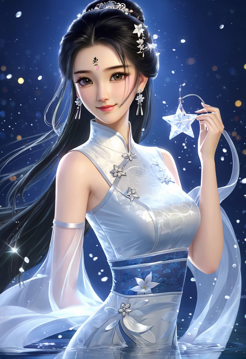 best quality,masterpiece,highres,cg, 1girl,(seductive smile:0.8),long hair,star-shaped pupils,cheongsam,dress,water,solo,jewelry,white dress,earrings,hair ornament,splashing,upper body,hair bun,black hair, lighting,candid,Photograph,high resolution,4k,8k,Bokeh,