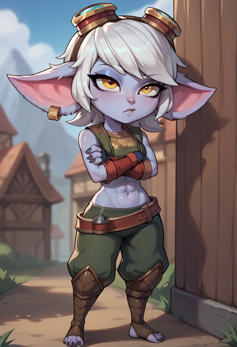 score_9, score_8_up, score_7_up, score_6_up, tr1st4na, yordle, 1girl, colored skin, pointy ears, short hair, white hair, yellow eyes, midriff, goggles, goggles on head, earrings, gloves, fingerless gloves, pants, toeless legwear, <lora:Tristana_Default_v1:0.7>, crossed arms, rolling eyes