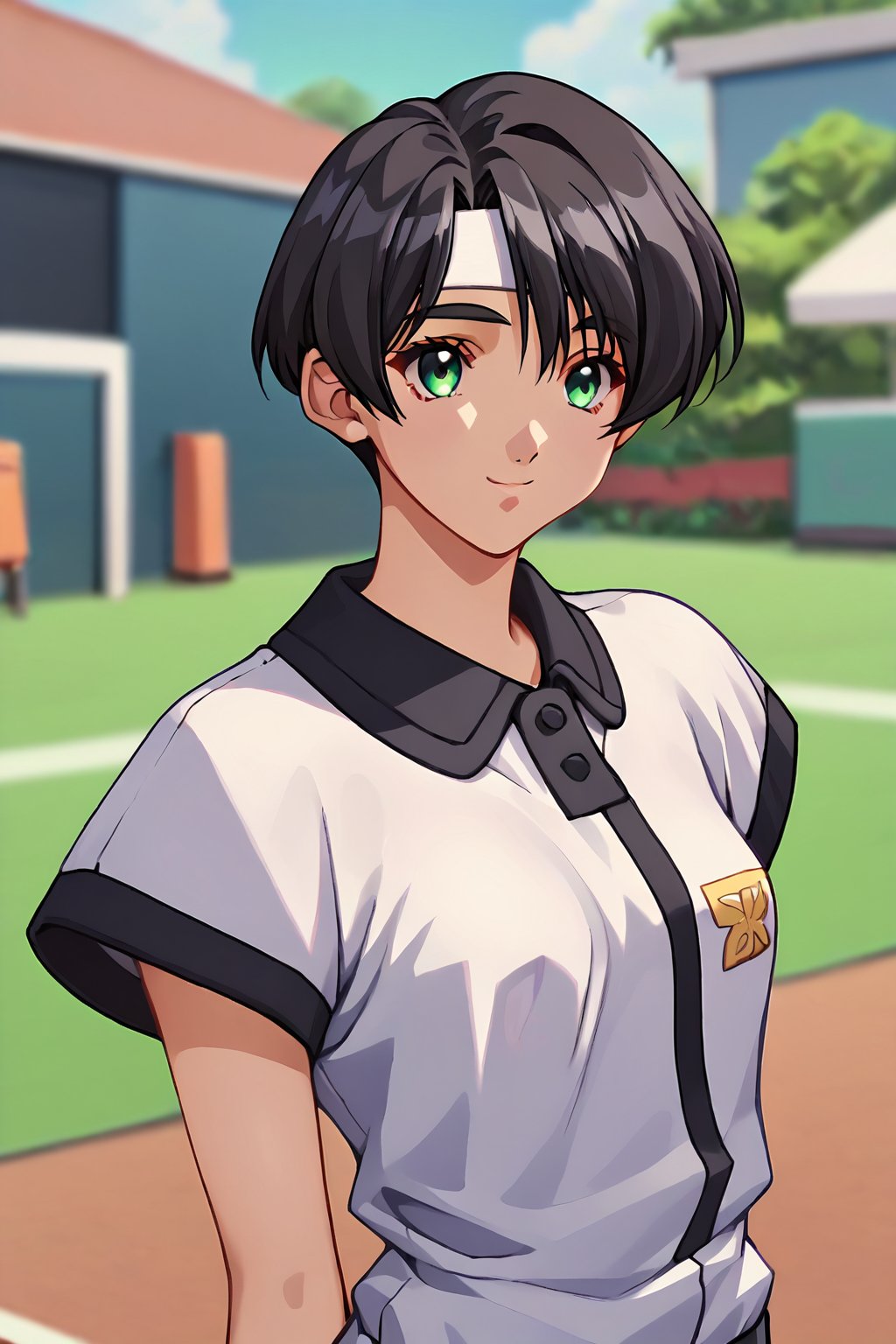 score_9, score_8_up, score_7_up, score_6_up, score_5_up, score_4_up, source_animewakabayashi ayu, 1girl, black hair, green eyes, short hair, solo, tennis uniform, ayu_tennis, smile, hands behind back, white headband,masterpiece, perfect face, best quality, beautiful girl, blurry background, cute girl, beautiful eyes, shiny eyes, anime coloring, anime screencap, absurdres, outdoors, <lora:wakabayashi ayu anyt 905:0.8>