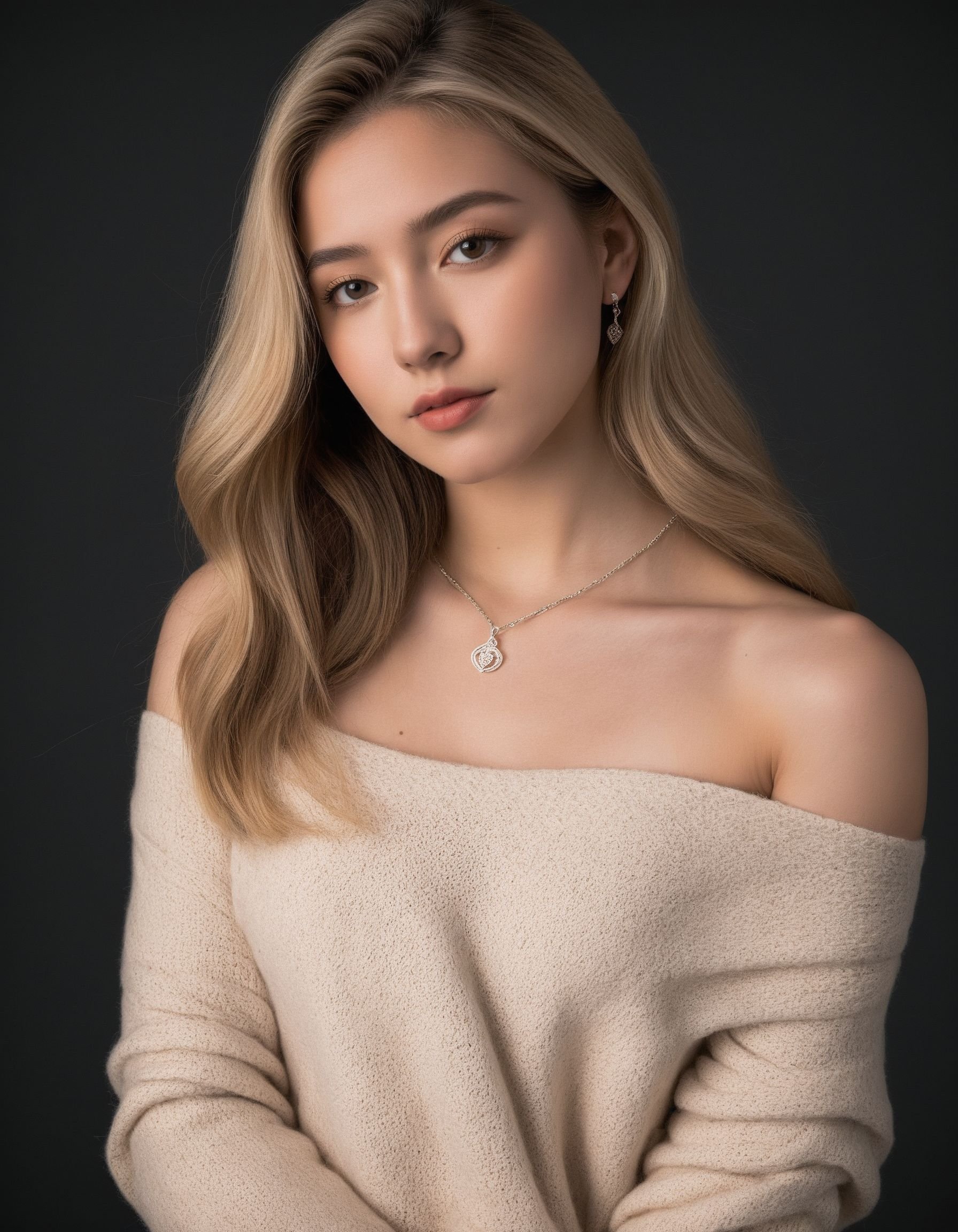 1 woman, 22 years old, long hair, Looking at viewer, blonde hair, bare shoulders, brown eyes, jewelry, full body, necklace, off shoulders, Sweaters, Sexy one, sharp focus, high contrast, looking at viewer, contrast, vibrant, intense, stunning, using a Canon EOS R6 and a 16-35mm to capture every detail and angle, with emphasis on the lighting and shadows, 8K,