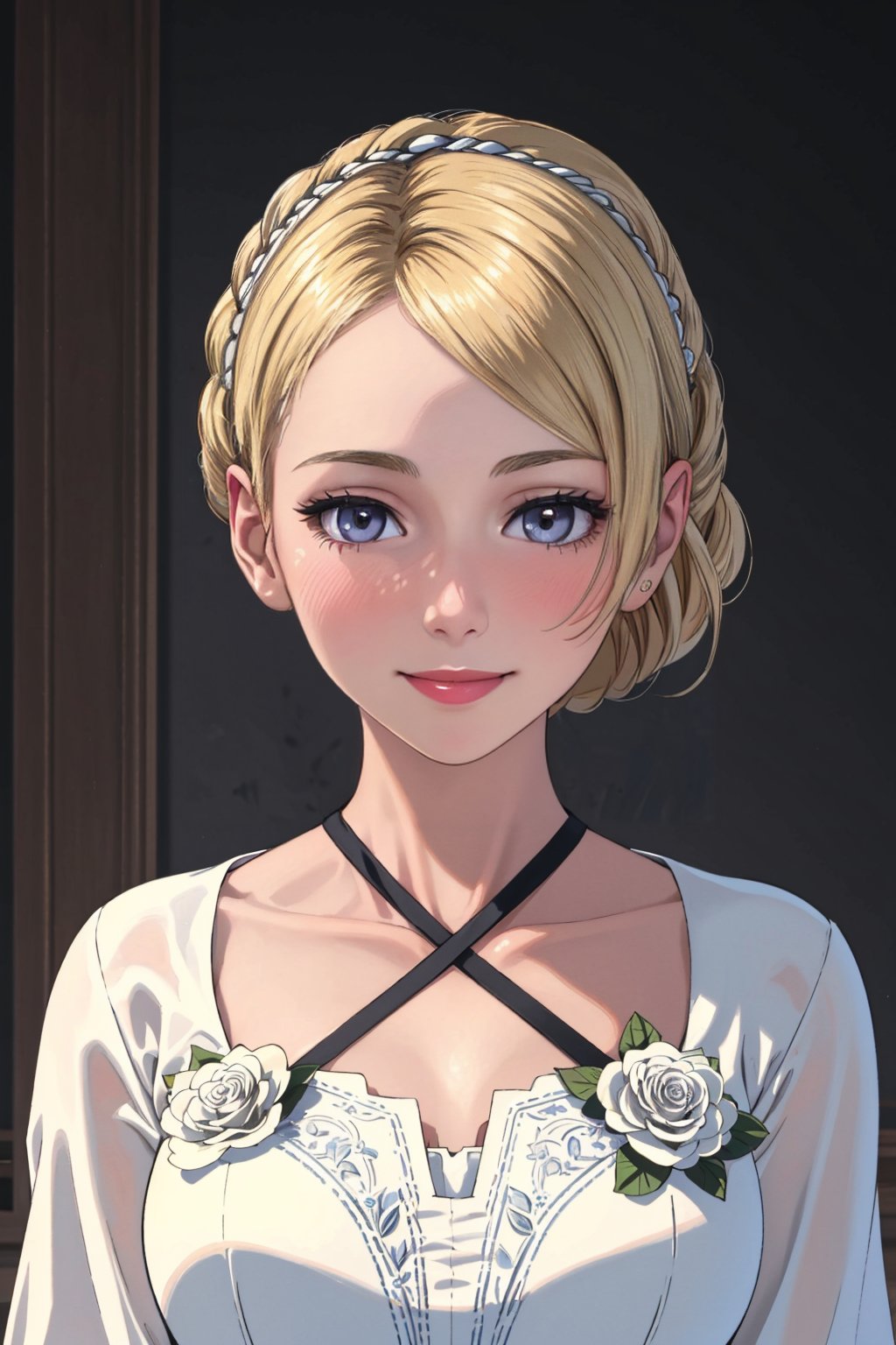 ((Masterpiece, best quality,edgQuality)),smile,(portrait,face focus)edgCosette,braid, looking at viewer, blush, smile, blonde hair, flower<lora:edgRosaCosettedElise:0.85>edgCCH, breasts,collarbone, halterneck ,criss-cross halter <lora:edgCrissCrossHalter:1>