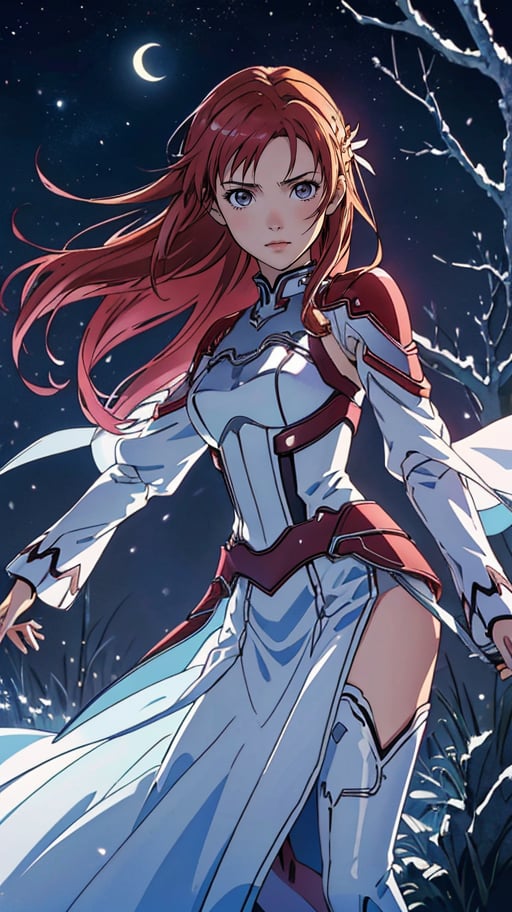 (best quality, masterpiece, highres:1.2), intense long red hair, (Asuna Yuuki), (sword art online) yuuki asuna, (ultrahigh resolution textures), in dynamic pose,(intricate details), moonlight passing through hair, perfect night, fantasy background, (official art)