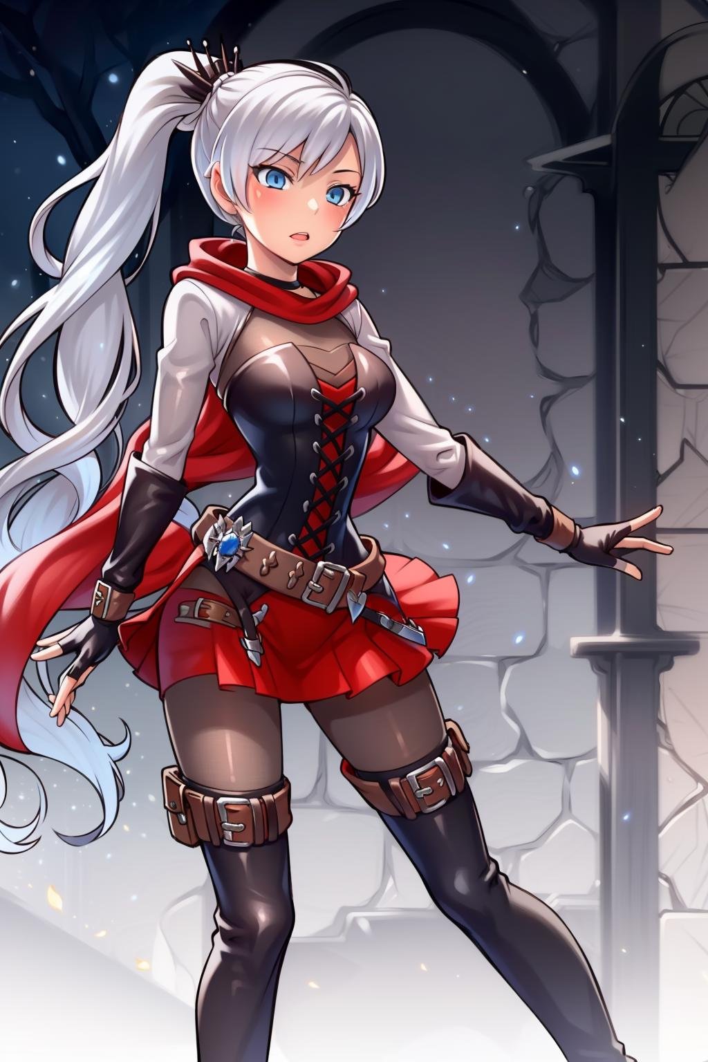 masterpiece,best quality,extremely detailed, <lora:rwby_weissschnee:0.4>(weiss schnee from RWBY), (blue eyes), (white hair), (side ponytail),atlasrose, 1girl, solo, <lora:RubyAtlas-05:0.9> atlasrose, grey eyes, red cape, pantyhose, belt, red skirt, corset, thigh boots, fingerless gloves,  