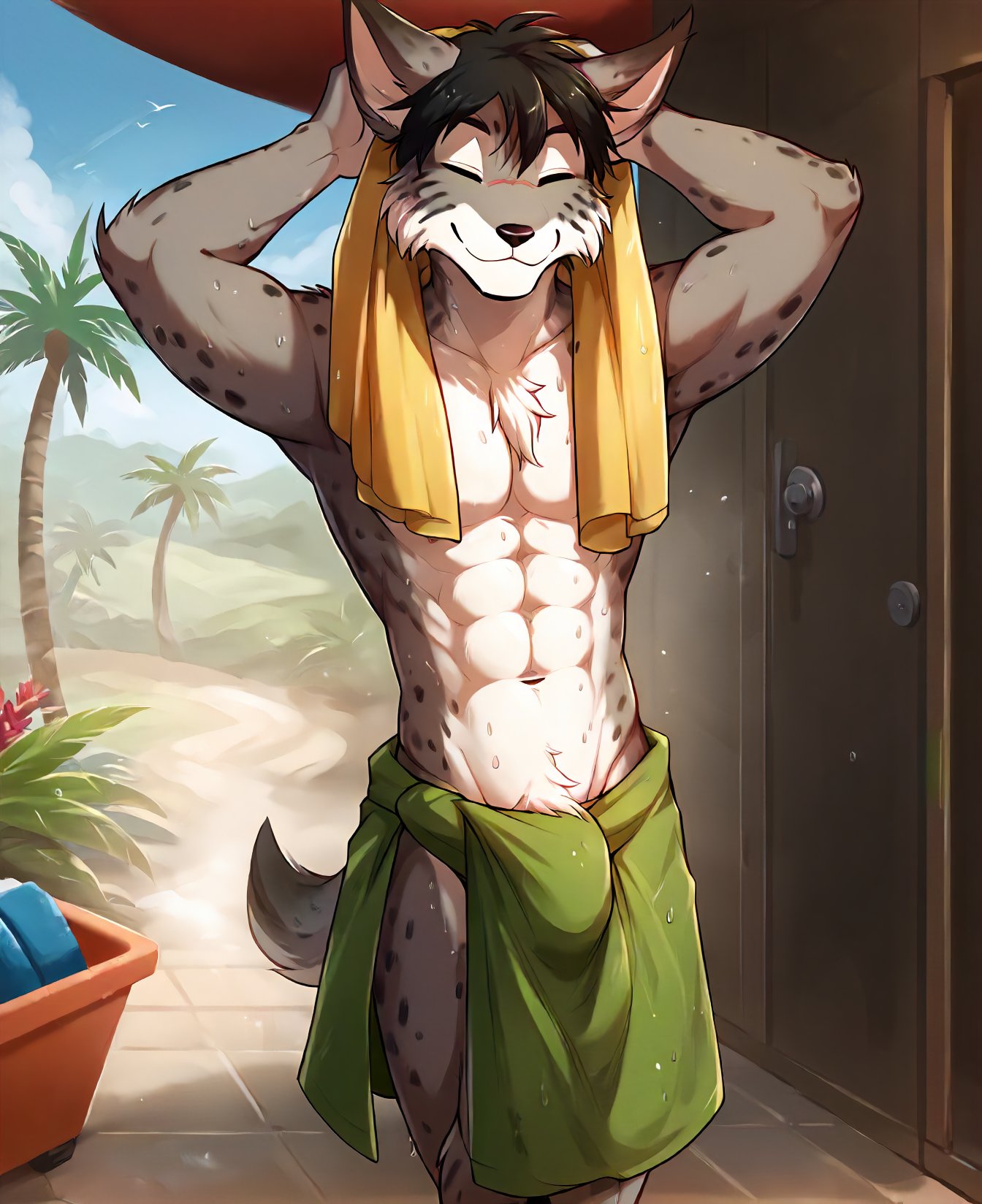 score_9, score_8_up, score_7_up, score_6_up,source_furry,rating_explicit, (1boy, solo,:1.4) male, muscular, wet fur, wet hair, walking out of shower, towel around waist, (hands in hair:1.3), eyes closed, fluffy tail, beach hut, tropical, palm tree,<lora:AliceReed_TwoKinds_PDXL_epoch_5:1>, tkalice, anthro, mammal, grey fur, black hair, white fur, green eyes, 