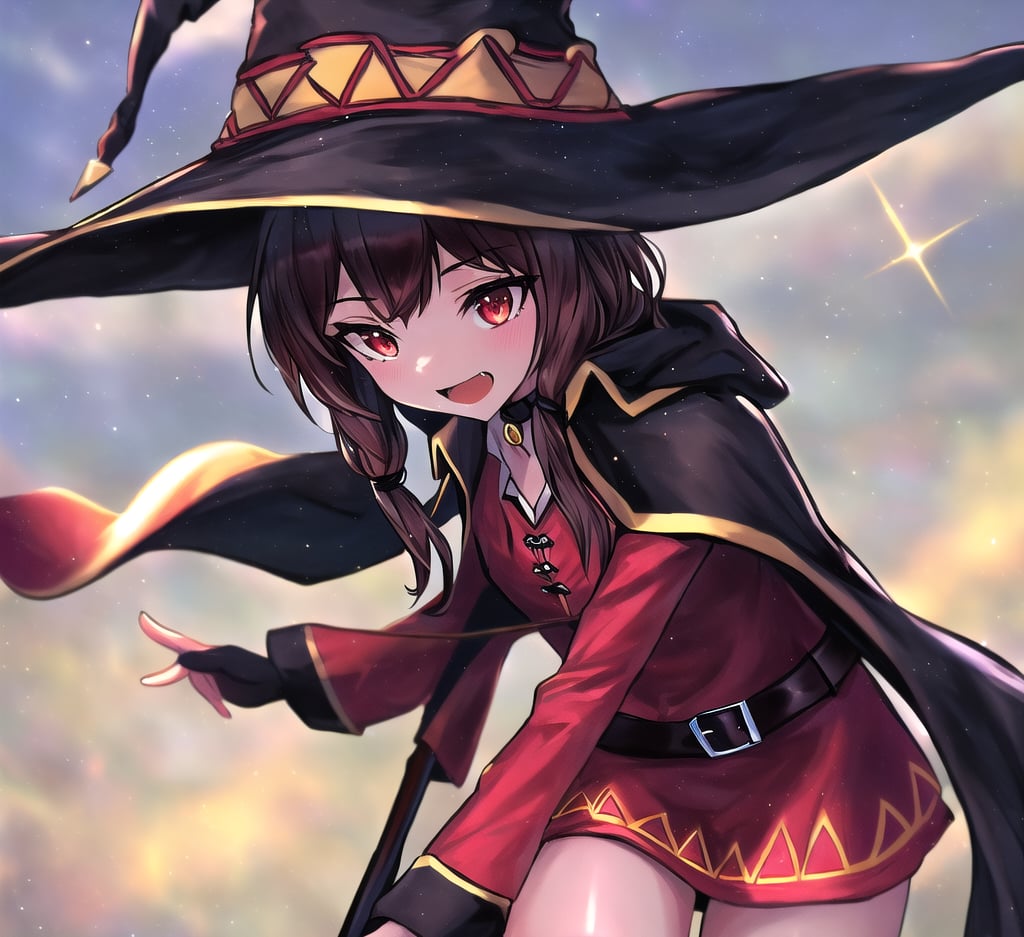 (Masterpiece, Best Quality:1.3), absurdres, (8k resolution), full body, full angle view, illustration, saba_styl3, 1girl, solo, looking at viewer, smile, short hair, open mouth, simple background, brown hair, red eyes, thighhighs, gloves, long sleeves, hat, dress, holding, sidelocks, boots, choker, black gloves, belt, black thighhighs, fingerless gloves, cape, collar, sparkle, black headwear, witch hat, bandages, red dress, staff, single thighhigh, (short hair with long locks), asymmetrical legwear, holding staff, black cape, bandaged leg, megumin.fighting stance, detailed face, (extremely detailed), fantasy,motion blur,  (deep depth of field:1.3),intricate details,  fantastic composition, (shadow), sky, cloud, (highly detailed), floating particles, <lora:saba_style_full2-step00002000:1.3>