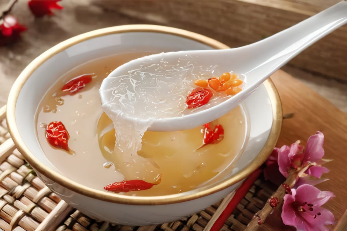 masterpiece, best quality, yenchung photo, bowl, spoon, bird nest soup, gelatinous, translucent strands, herb, backlighting, realistic, photorealistic, Ambilight, ultra-high quality, unreal engine, sunlight, scenery, still life  <lora:yenchung_v5:1>