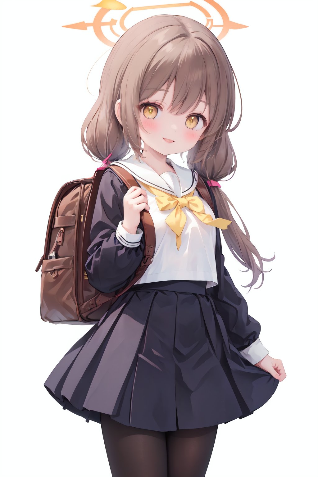 1girl, hifumi (blue archive), solo, bag, twintails, white background, pantyhose, simple background, low twintails, school uniform, backpack, yellow eyes, long hair, smile, skirt, black pantyhose, looking at viewer, blush, light brown hair, sailor collar, halo, white bag, long sleeves, bangs