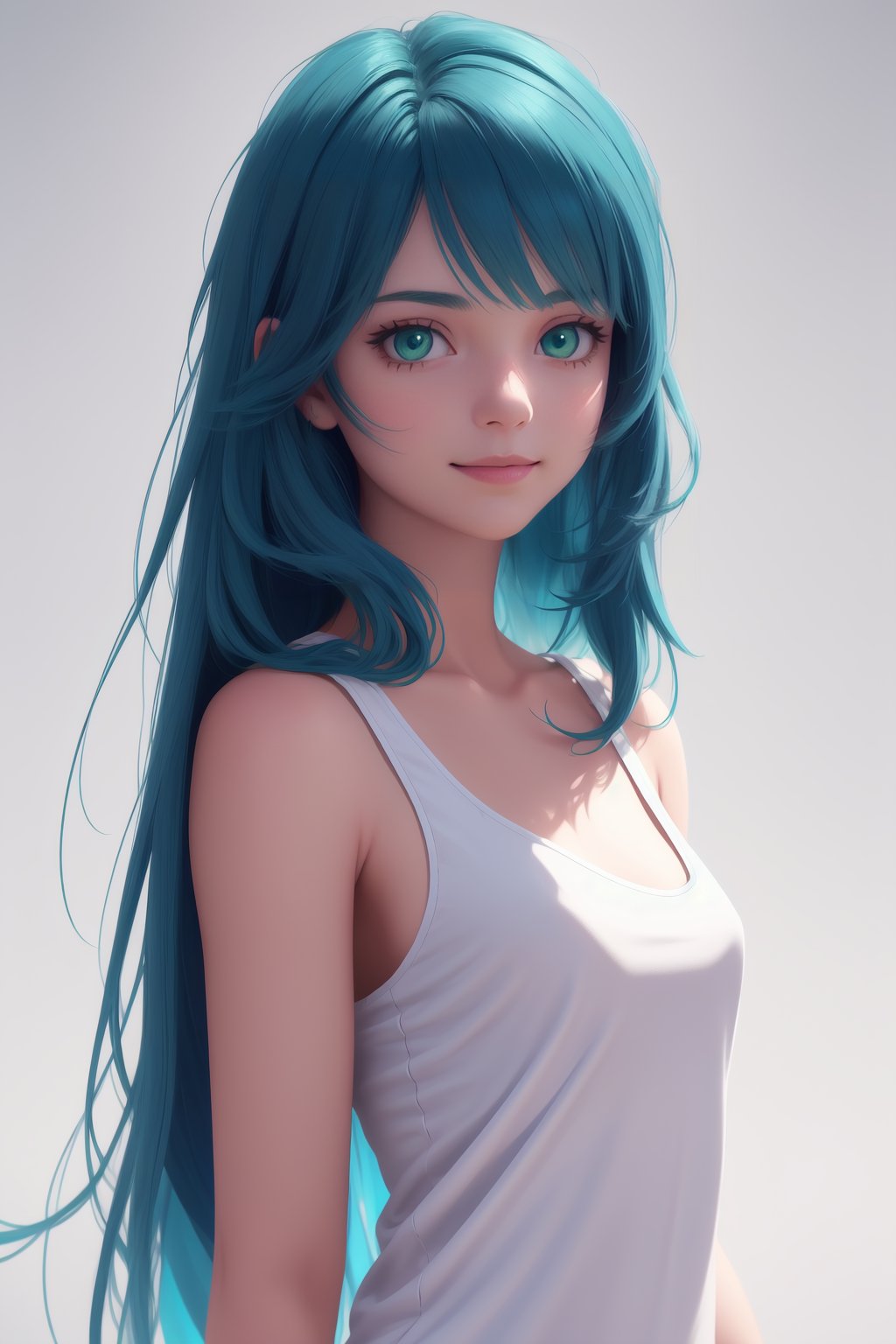 a beautiful blue haired girl, long messy hair, beautiful detailed deep green eyes,  shy smile, small breasts, white tank top, upper body view, ultra realistic, colorful,(masterpiece:1.2), (best quality:1.2), ultra-detailed, best shadow, detailed background, high contrast, (best illumination, an extremely delicate and beautiful), ((cinematic light)), hyper detail, dramatic light, intricate details, 8k,  very aesthetic, 