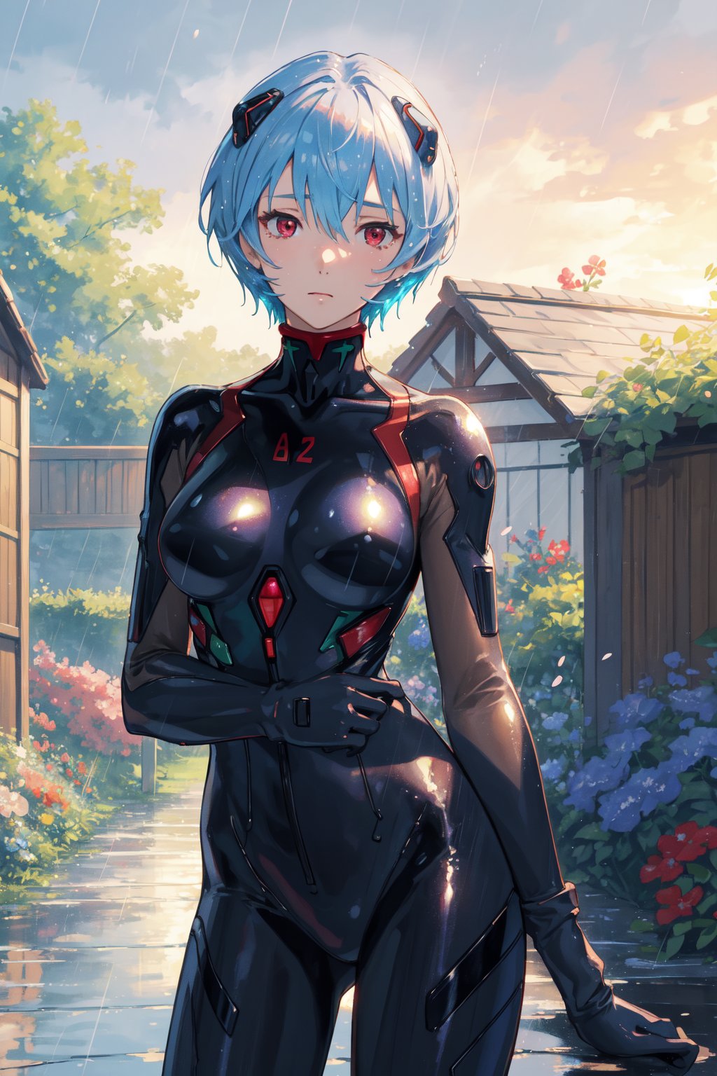 <lora:Rei-000011:0.6>,Rei CYQL,1girl,looking at viewer,solo,blue hair,red eyes,hair between eyes,medium breasts,(Rei 09,short hair,black bodysuit,plugsuit,interface headset,bodysuit,two-tone sleeves),tearing_up,cowboy_shot,Cottage garden flowers,Rain-soaked petals,Garden path,Raindrops,Summer shower,English countryside,beautiful detailed sky,beautiful detailed glow,posing in front of a colorful and dynamic background,masterpiece,best quality,beautiful and aesthetic,contrapposto,female focus,wallpaper,