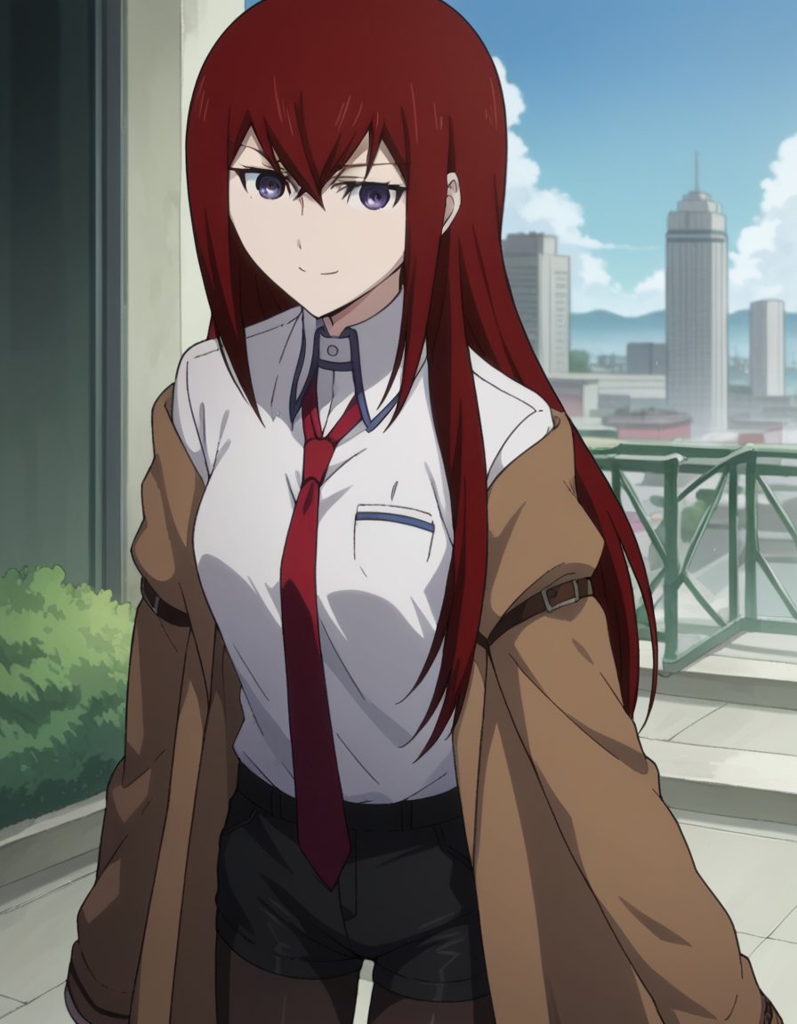 score_9, score_8_up, score_7_up, source_anime,kurisumakise, <lora:kurisu-makise-s1-ponyxl-lora-nochekaiser:1>,kurisu makise, hair between eyes, hair over shoulder, long hair, purple eyes, red hair, straight hair,black pantyhose, black shorts, brown coat, coat, collared shirt, long sleeves, necktie, pantyhose, pantyhose under shorts, shirt, short shorts, shorts, sleeves past wrists, white shirt, wing collar,outdoors, cityscape, smile,looking at viewer, cowboy shot, solo, dutch angle,