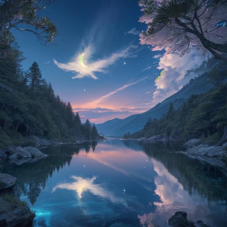 ocean, stars, moon, calm, birds, palm trees, beach, reflections, water tides, 8k, highest resolution, masterpiece, night, fireflies, villa, lights, cloud, cherry blossom, day, fantasy, fish, lake, landscape, high snowy mountain, no_humans, ocean, outdoors, river, scenery, sky, splashing, water, watercraft, waterfall, waves, ultra realistic, photorealistic, sea, ocean, (reflection), (ray tracking), (unreal engine), (Japanese), top view, high elevation, (water reflection), (clear water), photorealistic, 8k, unreal engine, super great 3d render, 3d, 3d ray tracking, liquid, super high quality, (super close look at water)