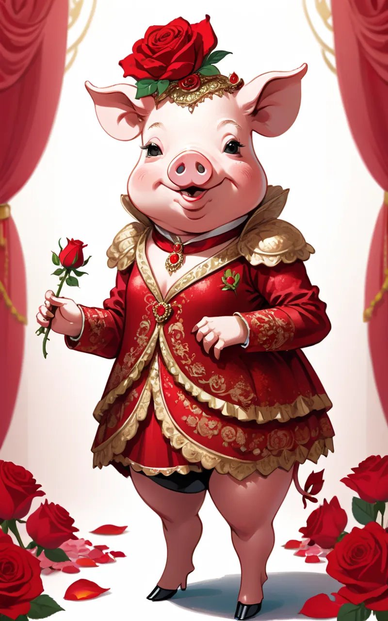 Illustration of a pig wearing a luxurious, vibrant red rose-themed costume, complete with delicate rose petals adorning the outfit. The pig is standing proudly, with a confident and regal expression, showcasing the intricate details of the floral costume