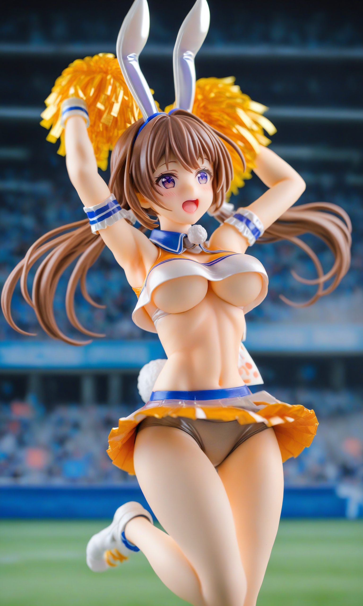 1girl,brown hair,low twintails,long hair,rabbit ears,rabbit tail,leg up,cheerleader,microskirt,crop top,underboob,pom pom \(cheerleading\),leg up,happy,open mouth,stadium,