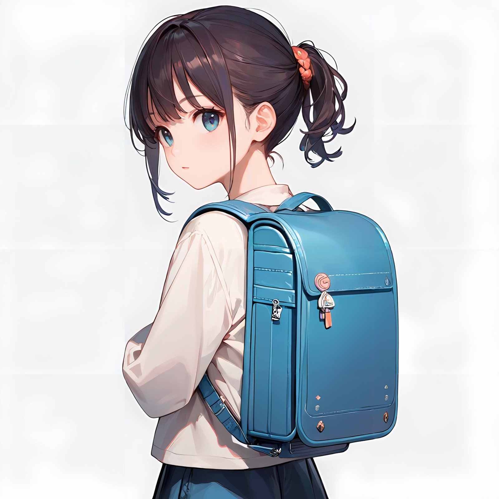 score_9, score_8_up, score_7_up,source_anime, high res image,masterpiece,best quality,girl,cowboy shot,cute face,simple background,  <lora:randoseru_Pony_V1.0:0.6>randoseru,blue  backpack