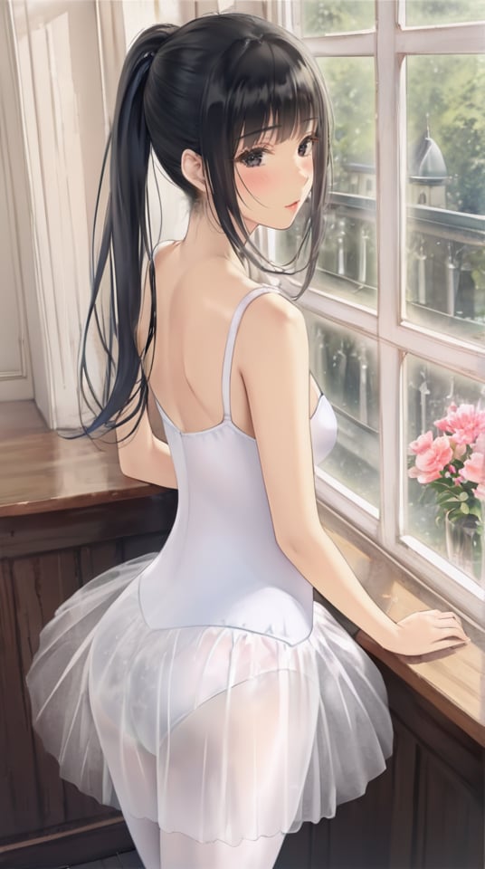 (best quality), ((masterpiece)), (highres), illustration, original, extremely detailed,   <lora:黑暗物语 葬の花:0.7> 1girl, solo, black hair, long hair, ballerina, pantyhose, ponytail, ass, white pantyhose, leotard, window, black eyes, see-through, indoors, from behind, bangs, skirt, flower, blush, standing