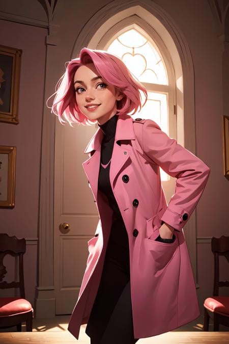 masterpiece,best quality,1girl, leaning forward coat pink hair shadow dramatic lighting Georgeana Ireland matrix ,smile, <lora:GoodHands-beta2:1>,
