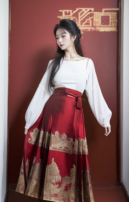 (8k, RAW photo, best quality, masterpiece:1.2),(mamianqun:1.2),1girl,solo,medium breasts,narrow_waist,(traditional white top:1.4),wearing a dark blue long dress,(red wall:1.4),long hair,chinese style clothes,dancing posture,photo posture,chinese wind photos,standard pretty girl,traditional hairstyle,<lora:mamianqun:0.7>,