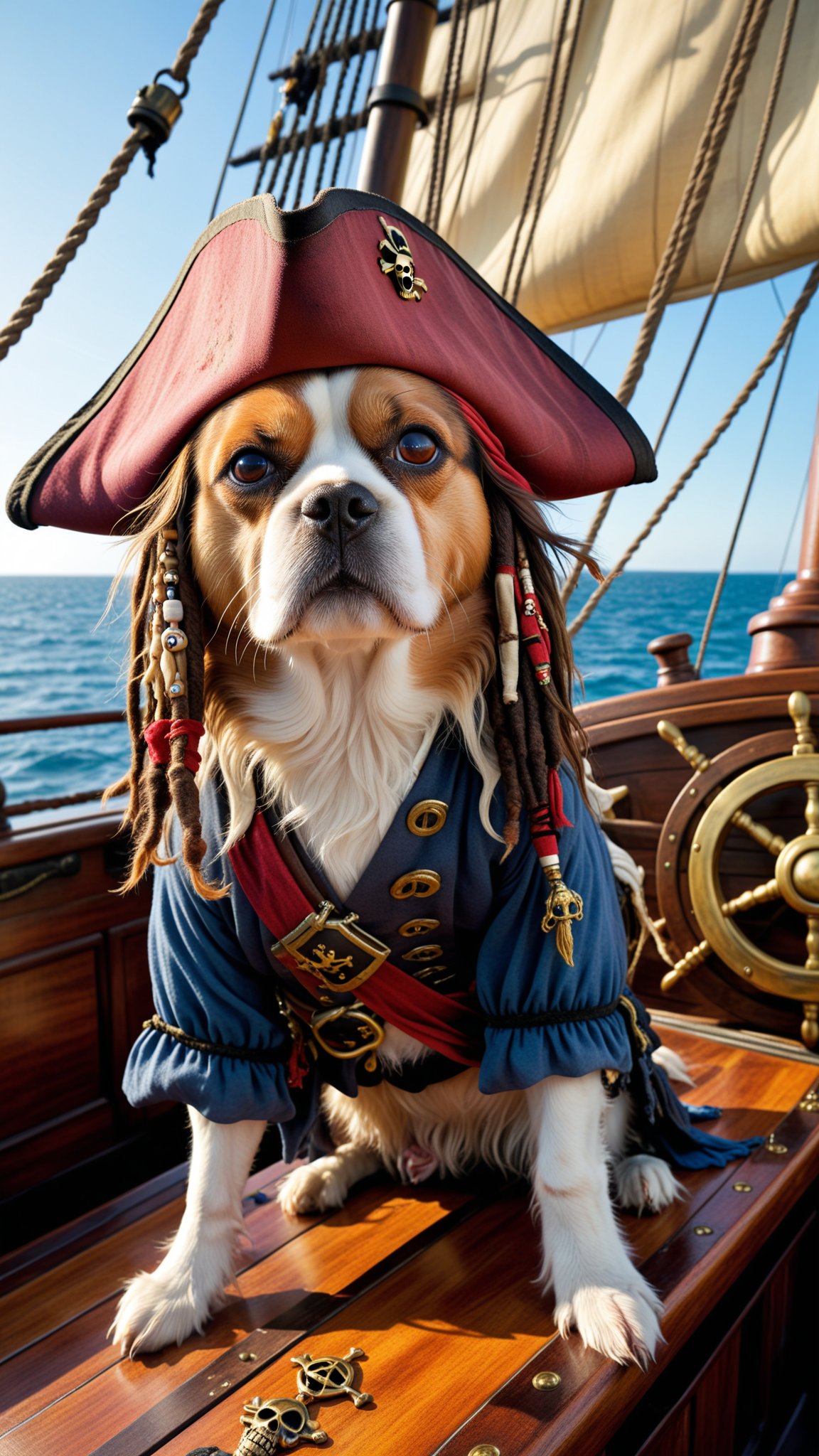 A dog pirate, pirate dog is captain jack sparrow, on his pirate ship at sea, (masterpiece, award winning photography), many details, extremely detailed, full of details, Wide range of colors, high Dynamic, UHD