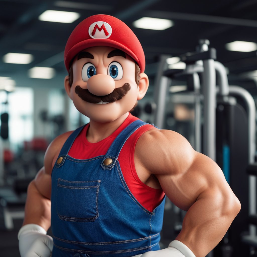 cinematic photo very muscular mario in a gym  . 35mm photograph, film, bokeh, professional, 4k, highly detailed  <lora:Mario1024-000200:0.6>