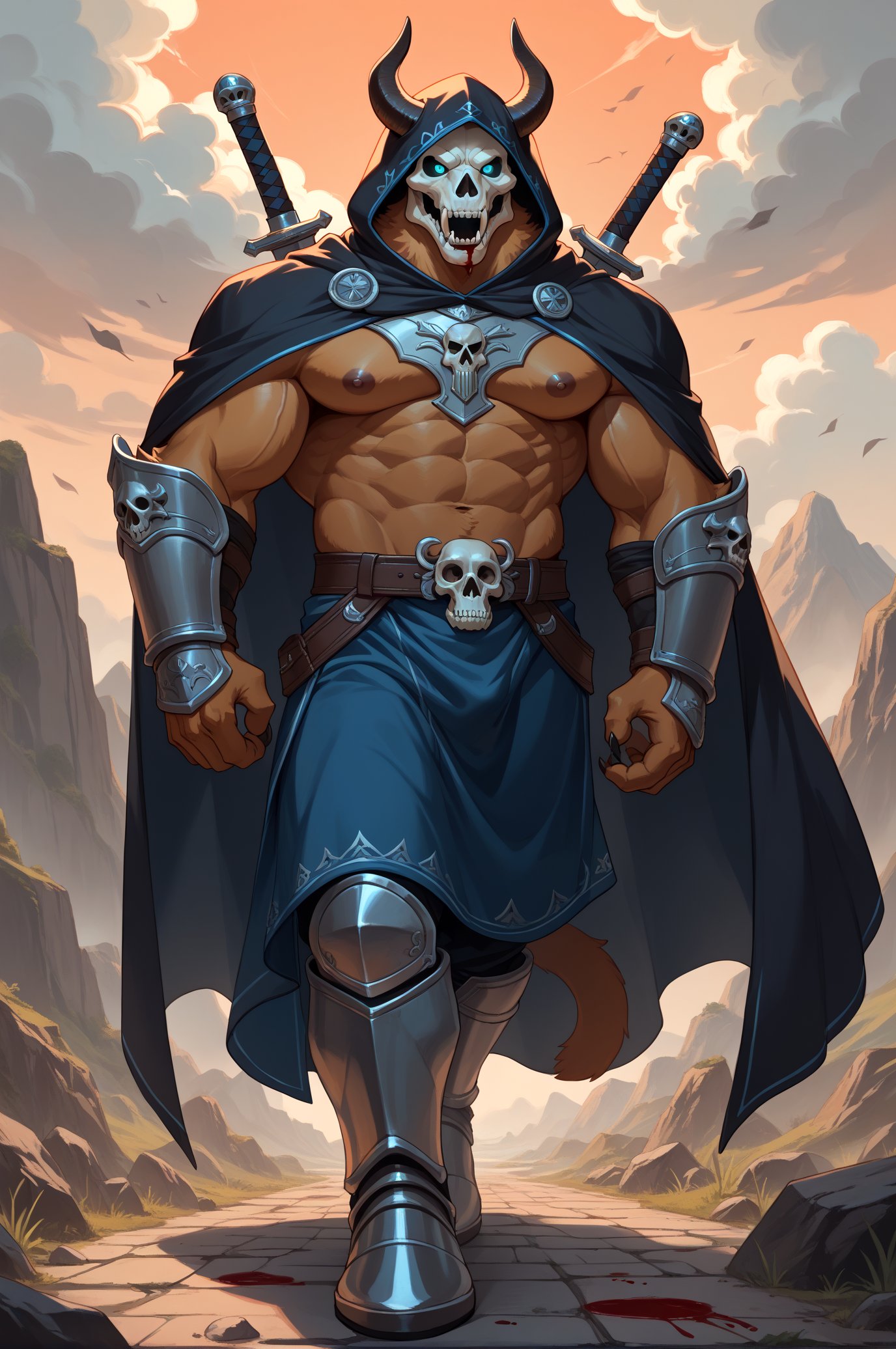 score_9,score_8_up,score_7_up,score_6_up,(furry),(kemono),high quality,tail,rating_explicit,embedding:zPDXL3 BREAK male furry,bara,huge plump Chest Muscles,perfect anatomy,solo,(8k landscape photography:1.2),skeletton knight,skull head,blue turquoise eyes,shiny eyes,dark background,from side,coming cloud of smoke,dark smoke,walking,open mouth,dark armor,blood stains,painting,side view,holding one sword,black hood,shout,roar,cape,full body,