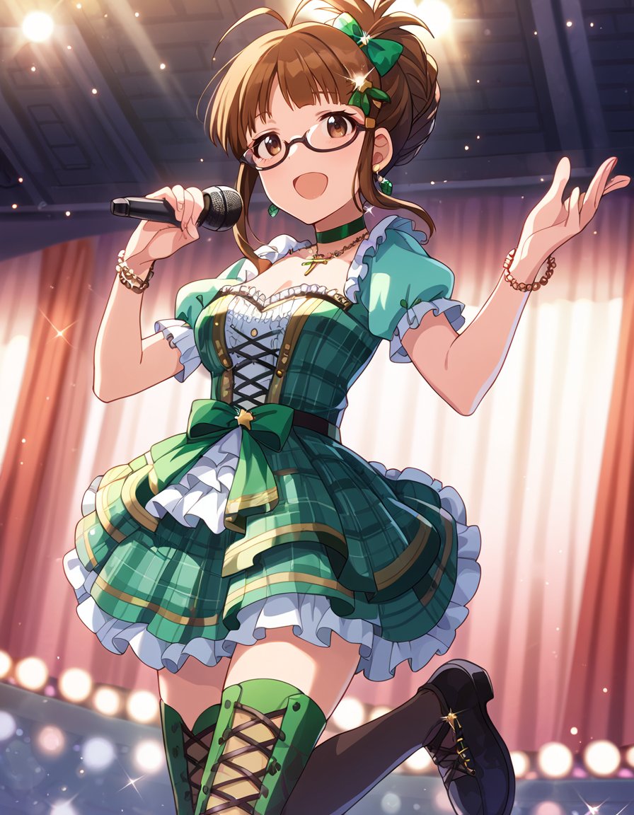 score_9, score_8_up, score_7_up, source_anime,pinup of 1girl, solo, idol concert, singing on stage, microphone, active, joyful, looking at viewer,  green theme, live theater, stage light, light particles, sparkle, blurry background,  <lora:AkizukiRitsuko_pony_v1:0.9>akzkrtk, long hair, brown hair, folded ponytail,antenna hair, brown eyes, glasses, medium breasts,  idol costume, green dress, glossy plaid dress, short sleeves, choker, miniskirt, thighhighs,  cross-laced footwear, hair ornament, earrings, necklace, bracelet, 