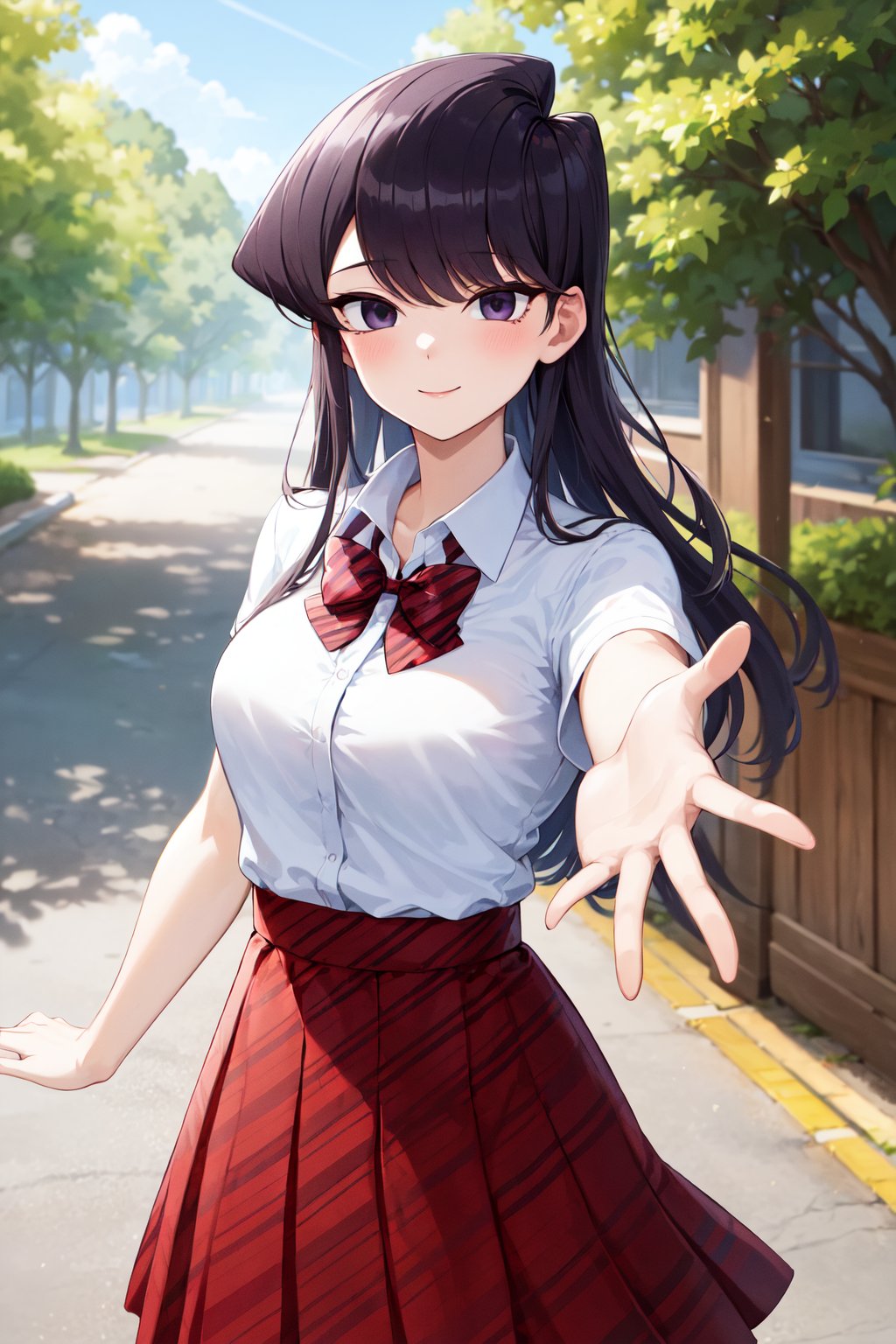 masterpiece, best quality, highres, aashouko, long hair, breasts, school uniform, striped bowtie, red bowtie, collared shirt, white shirt, short sleeves, pleated skirt, striped skirt, red skirt, <lora:komi_shouko_v1:0.7>, outstretched arm, reaching out, smile, outdoors