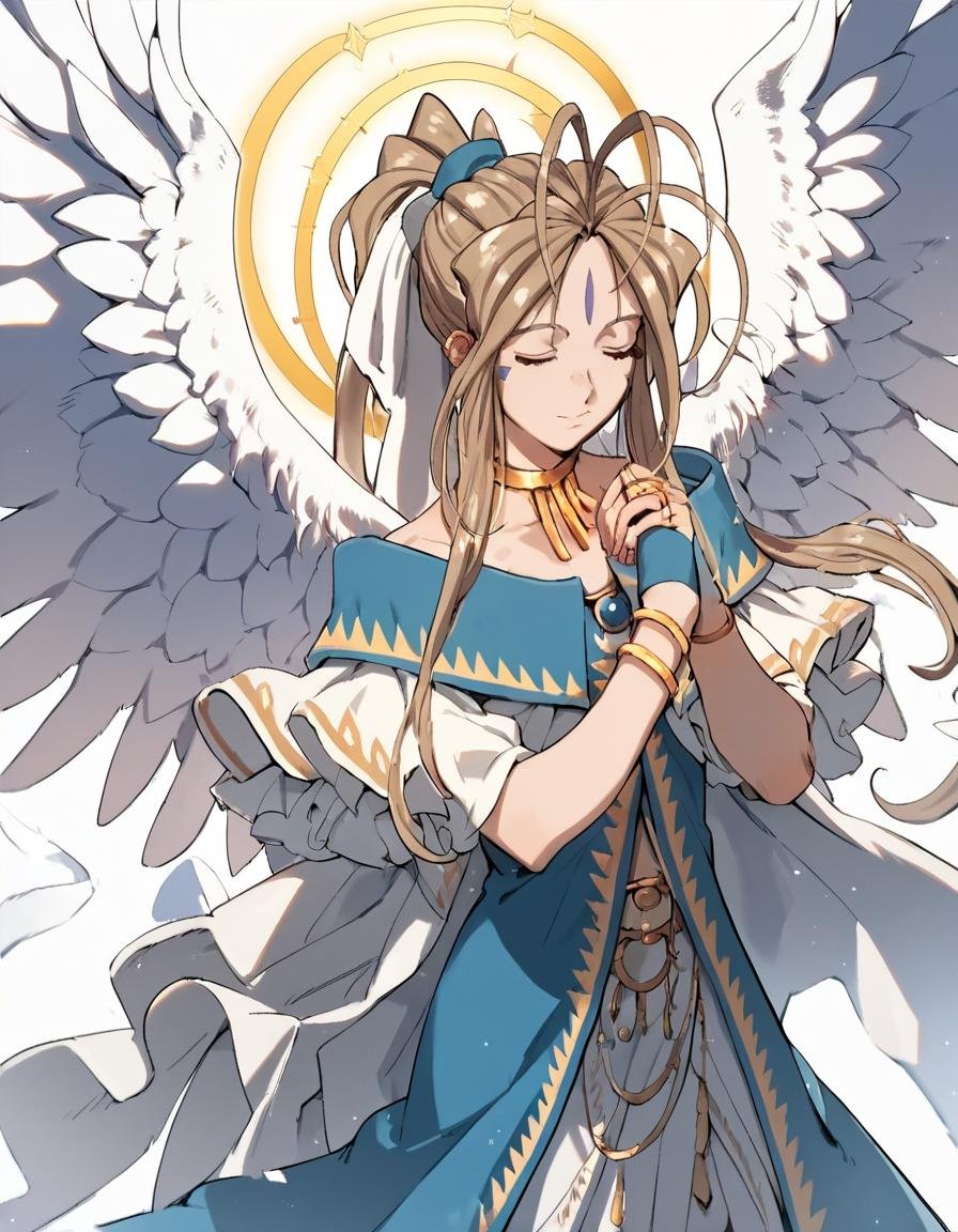 score_9, score_8_up, score_7_up, score_6_up, score_5_up, score_4_up, source_anime,  Belldandy, jewelry, closed eyes, wings, choker, bracelet, halo, ring, angel wings, angel, 