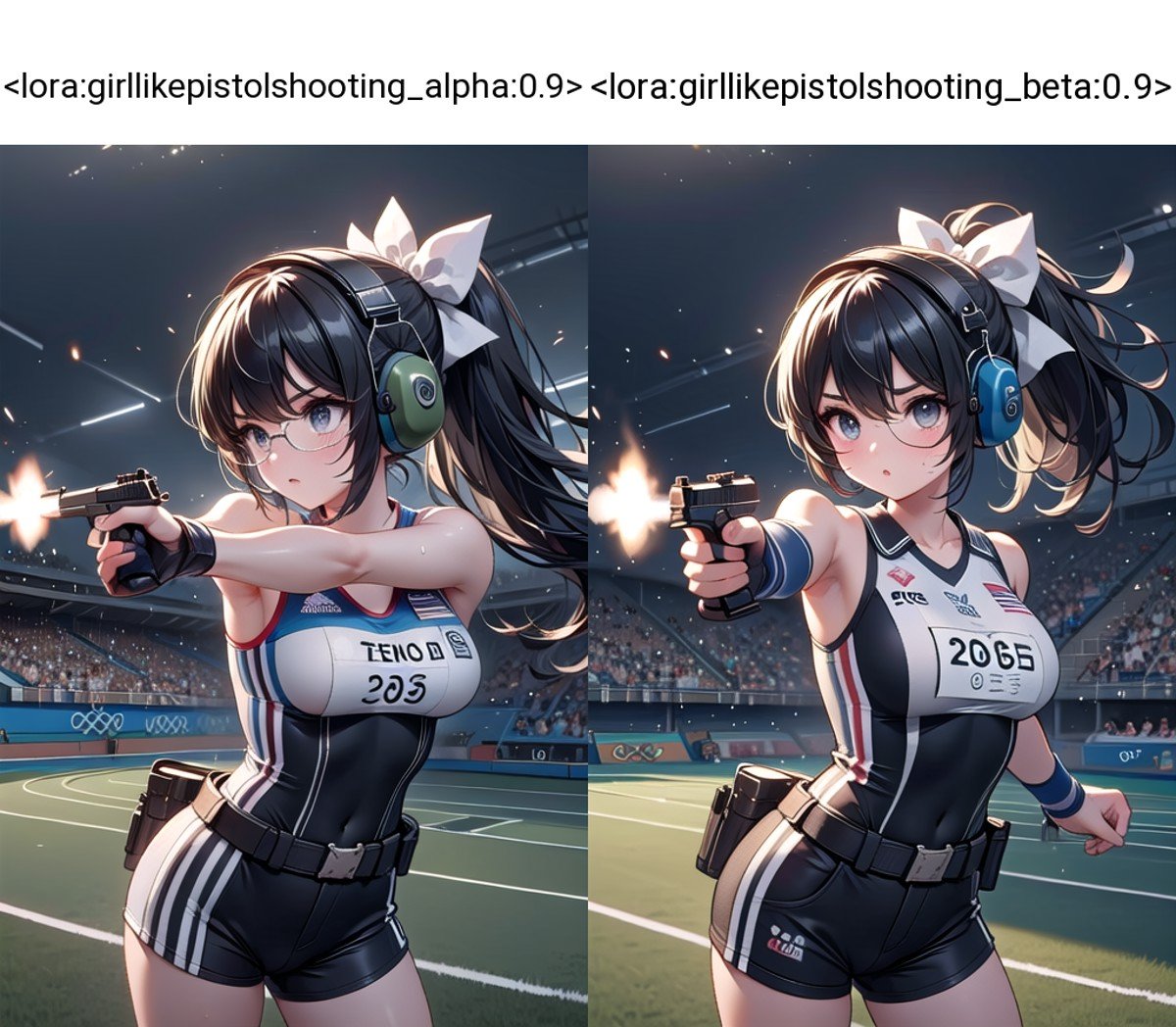 (((masterpiece))), (((best quality))), ((pistol shooting)), (holding air handgun), muzzle flash, aiming at target, firing, player uniform, sleeveless, sports shorts, ear defenders, fingerless gloves, open-air range, olympic games venue, sky, wind, steam, sweat, shadow, 1girl, dark lenses, ribbon, black hair, updo, big tits, stnading, facing viewer, aiming at viewer, <lora:girllikepistolshooting_alpha:0.9>