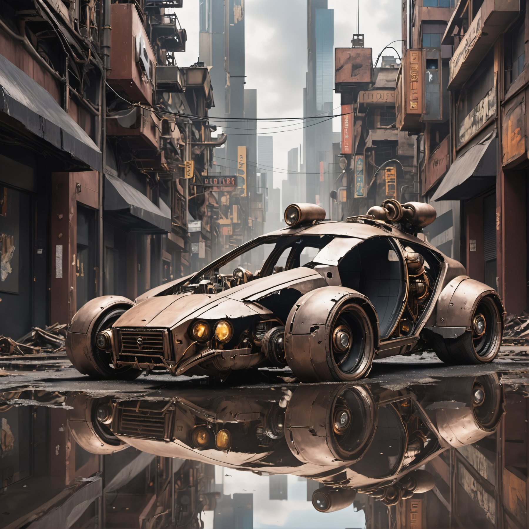 photo of a futuristic steampunk car, destroyed cyberpunk city, reflective puddles , natural light