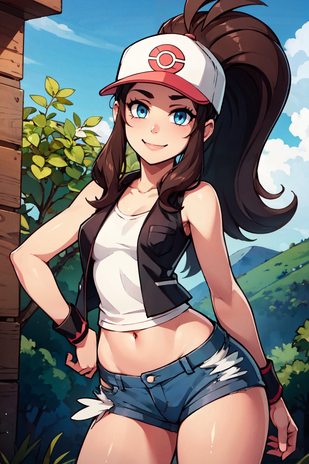 ((masterpiece,best quality)), absurdres,   <lora:HildaPokemon_v5:0.7>,   zzHilda, blue eyes, long hair, high ponytail, sidelocks,  hat, collarbone, white shirt, black vest, sleeveless, wristband, short shorts, denim shorts, exposed pocket,  wide hips, solo, smile, looking at viewer, cowboy shot,