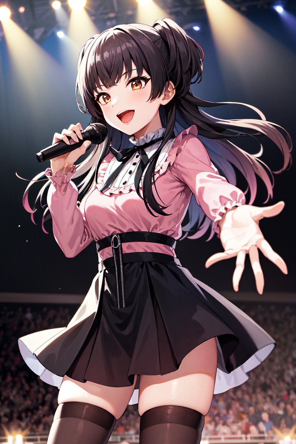 masterpiece, best quality, highres, aafuyuko, long hair, two side up, jirai kei, frills, neck ribbon, pink shirt, long sleeves, zipper, black skirt, black thighhighs, <lora:mayuzumi_fuyuko_v1:0.7>, standing, cowboy shot, stage, holding microphone, smile, open mouth, singing, reaching out,