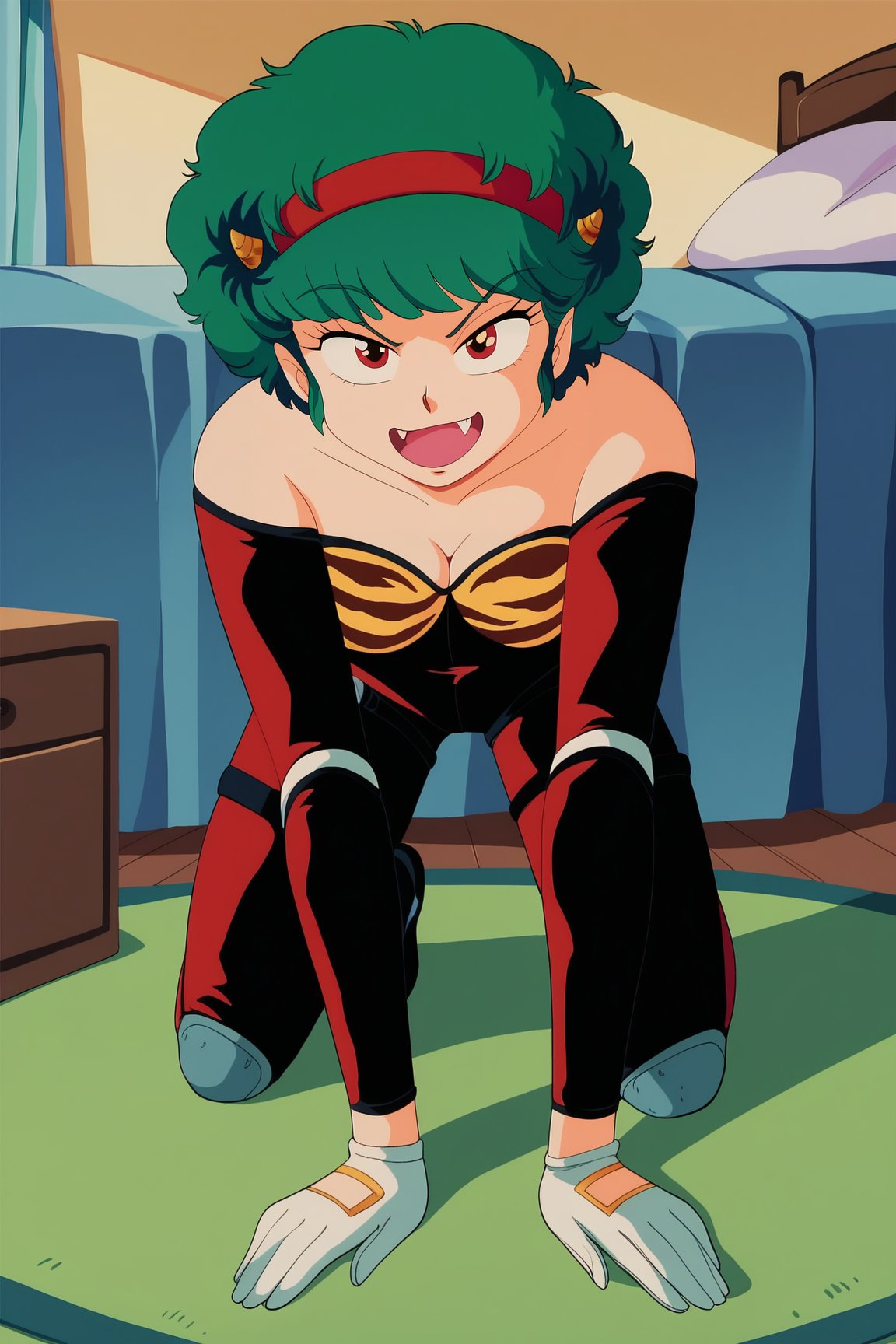 score_9, score_8_up, score_7_up, score_6_up, BREAK, TenMotherUYXL, retro artstyle, red eyes, green hair, short hair, afro, bangs, fang, red headband, yellow horns, medium breasts, bare shoulders, tiger print, black bodysuit, long slevees, white gloves, grey knee brace, black footwear, solo, full body, all fours, seductive smile, looking at viewer, indoors <lora:TenMotherUYXL:1>