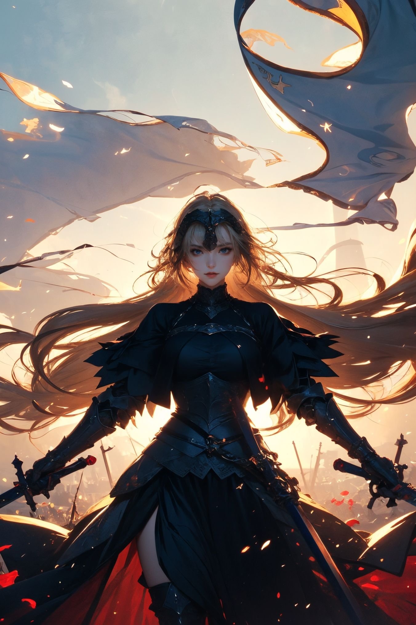 a stunning art,abstract,flowery,predominantly white,dynamic pose,centered,key visual,intricate,highly detailed,breathtaking beauty,precise lineart,vibrant,comprehensive,cinematic,xuer Jeanne D Arc,<lora:绪儿-黑贞德 xuer Jeanne D Arc:0.8>,