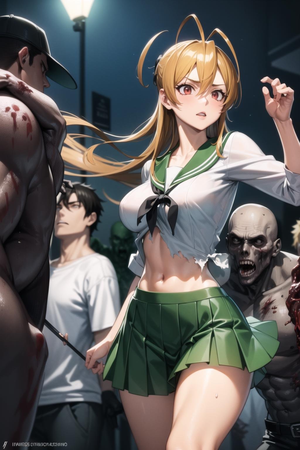 <lora:miyamoto_rei_v1.5:1> miyamoto rei, school uniform, torn clothes, street, night, fleeing, white shirt, green skirt, <lora:zombie_v1.3:0.8> multiple boys, zombie,, masterpiece, best quality, highly detailed