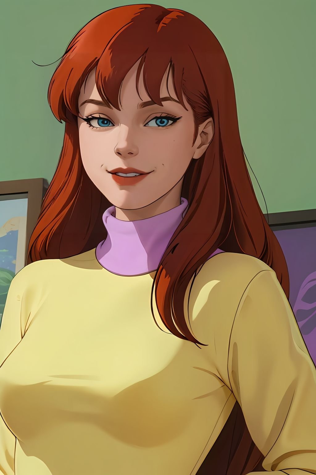 absurdres, mary jane watson, upper body, yellow sweater with purple turtleneck <lora:Mary Jane Watson_v1:1>