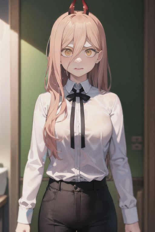 (masterpiece, best quality), solo, vtuber-halfbody, corneo_power, (white shirt, black pants), upper body, (white backgound), <lora:vtuber-poses-05:1>