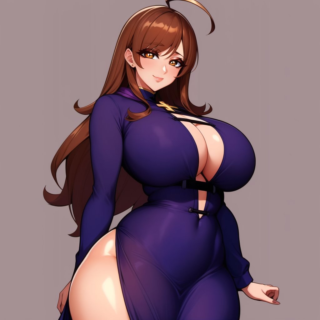 (masterpiece, best quality:1.3), JUGGERTUUL, 1girl, solo, looking at viewer, wide hips, mature female, simple background, closed mouth, seductive smile, large breasts, cowboy shot, thick thighs,  <lora:JUGGERTUUL Style Lora:1>, wizdef, brown hair, long hair, ahoge, brown eyes, dress, purple dress, cross,  <lora:Wiz - Konosuba v1:.8>