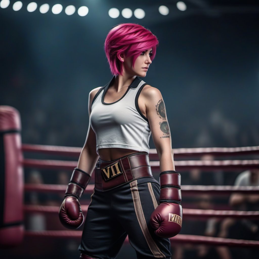 cinematic photo a woman, full body, pink hair, white tanktop, boxing glove, boxing ring, crowed stadium, steampunk background,  (((text ''VI'')))  <lora:Vi1024-V2:0.6> . 35mm photograph, film, bokeh, professional, 4k, highly detailed