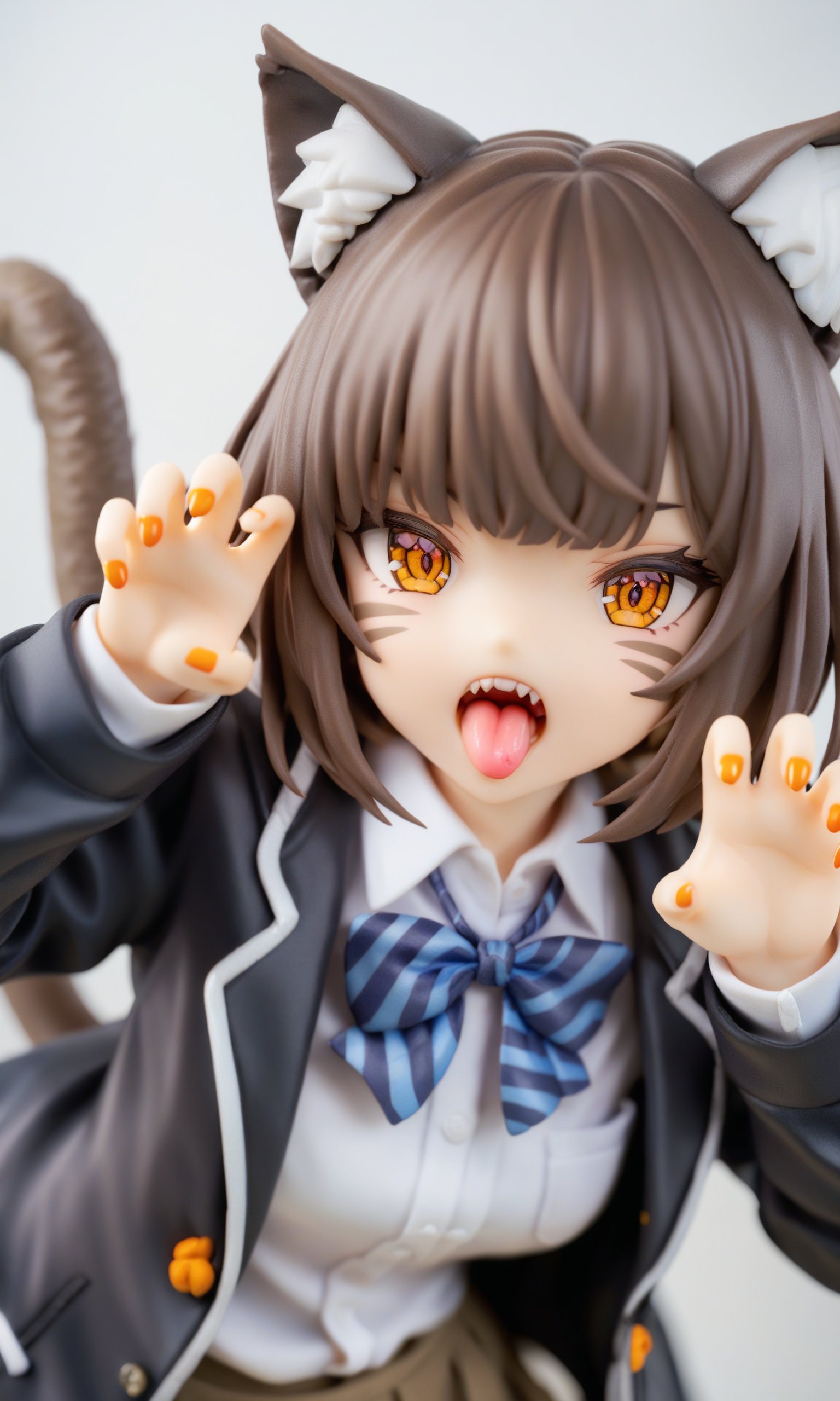 masterpiece,best quality,1girl,solo,claw pose,animal ears,bow,animal ear fluff,teeth,jacket,tail,open mouth,bowtie,orange nails,cat ears,orange eyes,blue bow,cat tail,looking at viewer,upper body,shirt,school uniform,hood,striped bow,striped,white shirt,black jacket,blue bowtie,fingernails,long sleeves,cat girl,bangs,fangs,collared shirt,striped bowtie,short hair,tongue,hoodie,sharp teeth,facial mark,