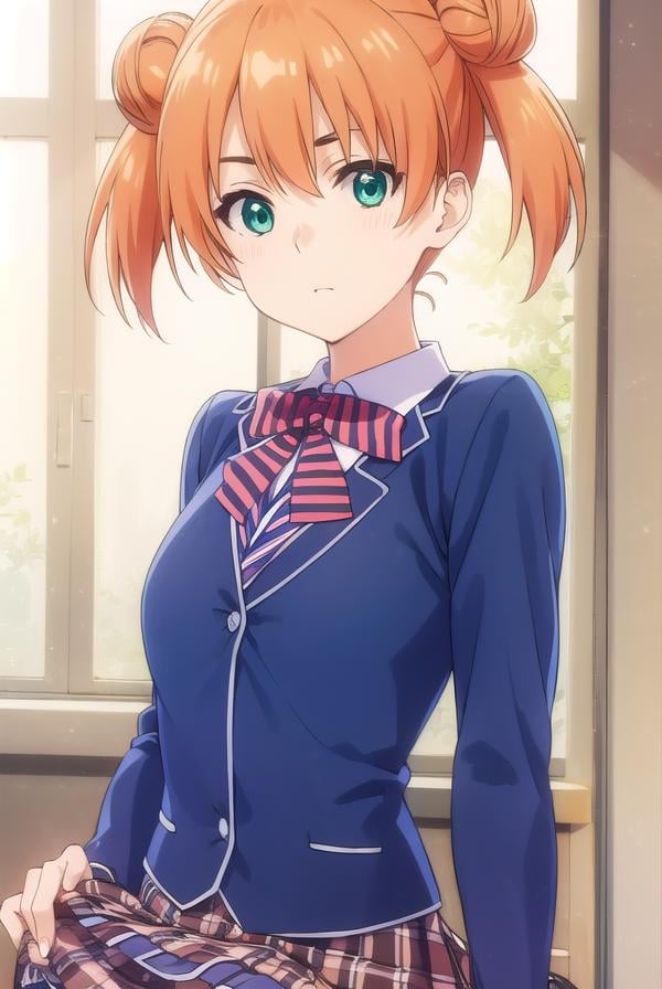 yuukiyoshino, <lora:yuuki yoshino s1-lora-nochekaiser:1>,yuuki yoshino, short hair, twintails, (green eyes:1.3), hair bun, orange hair, double bun,BREAK bow, school uniform, striped, bowtie, blazer, striped bowtie, blue blazer, brown skirt, plaid skirt, plaid,BREAK indoors, kitchen,BREAK looking at viewer, (cowboy shot:1.5),BREAK <lyco:GoodHands-beta2:1>, (masterpiece:1.2), best quality, high resolution, unity 8k wallpaper, (illustration:0.8), (beautiful detailed eyes:1.6), extremely detailed face, perfect lighting, extremely detailed CG, (perfect hands, perfect anatomy),