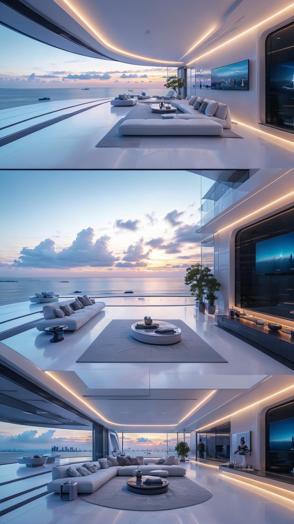 high-tech and innovative features, smart home automation system, virtual reality entertainment room, breathtaking views of the ocean and skyline, in a futuristic mansion,SHSJ 